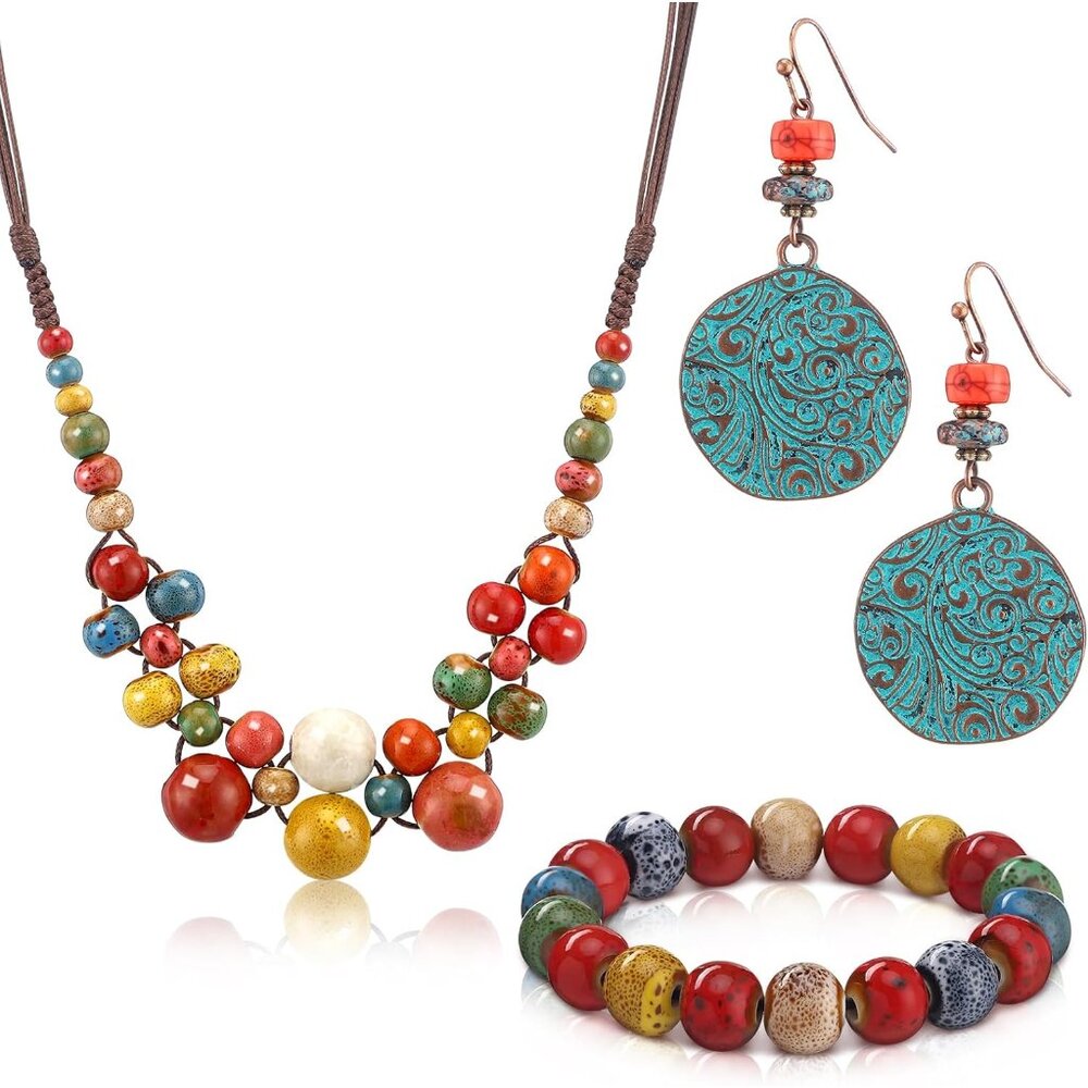 3 Pcs Boho Hippie Jewelry Set for Women Colorful Ceramic Beaded Necklace and Bra